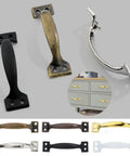 Image showing various styles of door pulls, including the Two Pack Vintage Bow Shaped Door Pulls in Antique Gold Finish for cabinets.