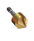 Top Tier 6 Piece Countersink Drill Bit Set With A Rock Hard Quarter Inch Hex Shank And Snappy 5 Flute Cutter, close-up view.