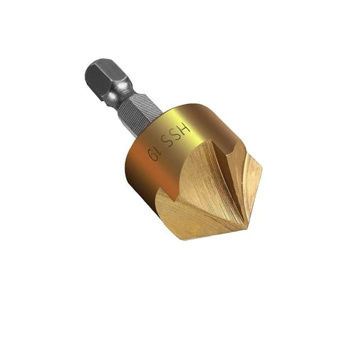 Six Piece Countersink Drill Bit Set Featuring Tough As Nails Build With Slick Five Flute Geometry And No Fuss Quarter Inch Hex Shank showing a detailed drill bit with golden finish.