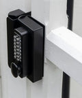 Heavy Duty Double Sided Digital Gate Lock For Left Handed Doors Zero Headache Surface Install With Smooth Electronic Keypad Entry And Tough White Finish mounted on a white gate.