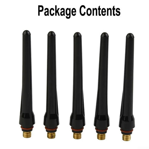 Premium 5 Pack Long Back Cup For TIG Torch WP-17 WP-18 WP-26 High Temp Resistant Ceramic Nozzle showcasing five black ceramic nozzles.