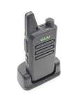 UHF 400-470 MHz Mini Handheld Walkie Talkie Transceiver Radio With Ultra Slim 96x55x22mm Design in charging dock