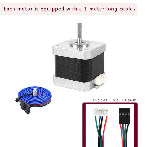 NEMA17 stepper motors kit with connector cables and 1-meter long wire attachment.
