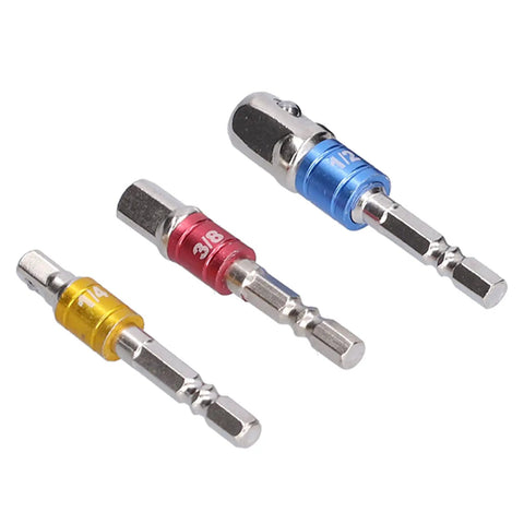 Colorful 7 Piece Socket Adapter Kit With Hex Shank And Extension Set For Screwdriver Bits In 1/2 1/4 And 3/8 Inch Sizes Makes Heavy Duty Work Easy Peasy Anytime, three chrome adapters