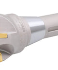 Accusize indexable end mill, side view, 2 in dia, 6-1/8 in OAL, 90-degree R8 shank with 5 APKT1604 carbide inserts