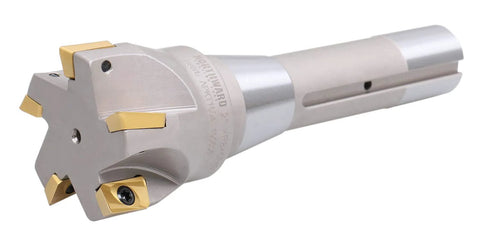 Accusize indexable end mill, side view, 2 in dia, 6-1/8 in OAL, 90-degree R8 shank with 5 APKT1604 carbide inserts