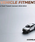 Miniature silver pickup truck model with text overlay 'Vehicle Fitment for Ford Transit Connect 2010-2013' on a gray background.