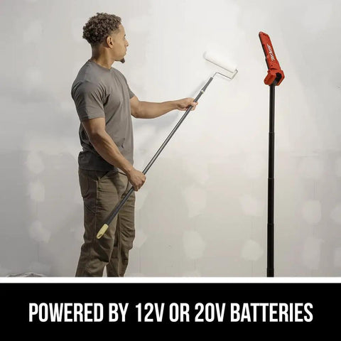 Man using Compact Collapsible Tower Work Light With Foot Pedal Switch Hella Bright 12v And 20v compatible battery for painting.