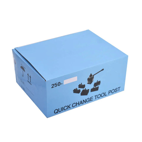 Packaging box for Wedge Type Quick Change Tool Post Set For Mini Lathe And 12 Inch Swing CNC Lathe with images of tool holders.
