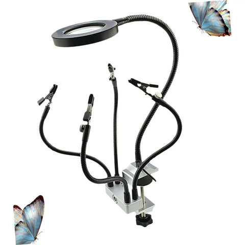 LED Magnifying Glass Table Lamp With Adjustable Brightness And Color Temperature For DIY Pro Grade Crafts Jewelry Making Welding Repair And Reading Hands Free Workbench Magnifier Light with clamp base and butterfly clips.