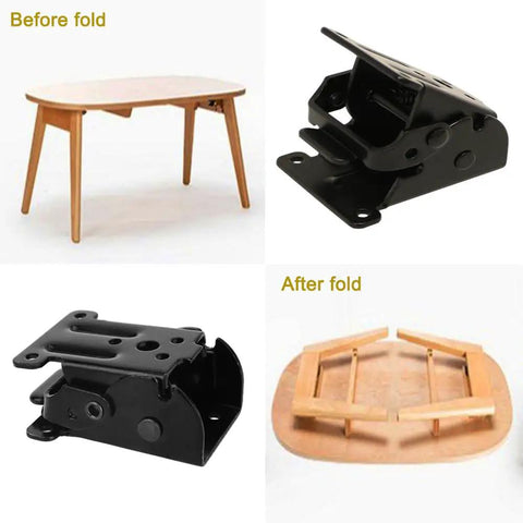 Heavy Duty Folding Hinges 4 Pack Self Locking Steel Brackets With Mounting Screws For Table Legs shown before and after folding.