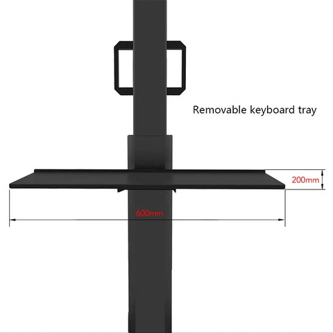 Removable keyboard tray with dimensions displayed, part of the Kick Up Your Tech Game With This Heavy Duty Quad Monitor Stand Floor Mount Featuring Butter Smooth Rolling Wheels Height Adjustable Up To Sixty Seven Inches Sturdy Keyboard Tray.
