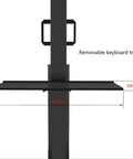 Quad Monitor Arm Floor Cart With Quiet Roller Wheels, Custom Height Adjustment, Neat Cable Management, Keyboard Platform, details of adjustable keyboard tray.