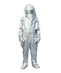 Badass Heavy Duty Heat Resistant Coveralls Featuring Aluminum Foil Thermal Radiation Protection Built For Extreme 1200 Degree Fireproof Flame Retardant Firefighter Jumpsuit, silver color, full-body design, with visor.