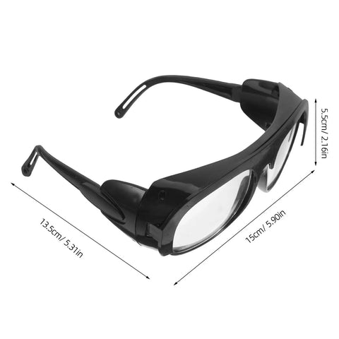 Heavy Duty Welding Safety Glasses Featuring Over Glasses Compatible Design with impact resistant lenses, side view showing dimensions.