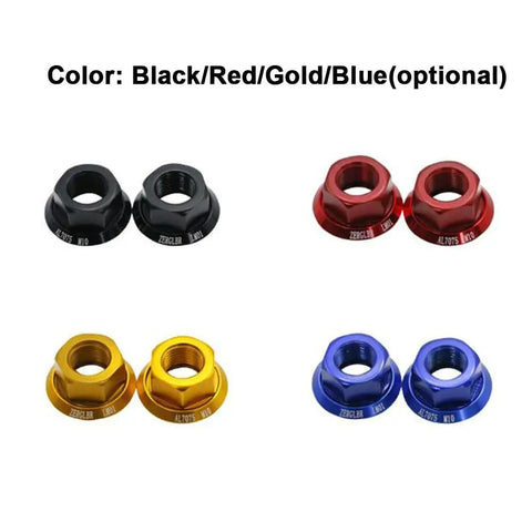 Two Pack 7075 Aluminum Wheel Hub Axle Nuts M10xP1 Bolt Screws in black, red, gold, and blue with anti-slip washer for bike wheels