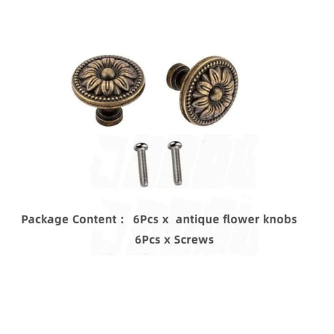 Vintage Flower Shape Cabinet Knobs Set Of 6 Bronze Tone Metal Drawer Pull Handles With Screws For Cabinets And Doors 2.6 X 3.0 Cm Package
