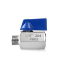 Side view of QWORK mini ball valve with blue lever, 1/4 in NPT, 304 stainless steel
