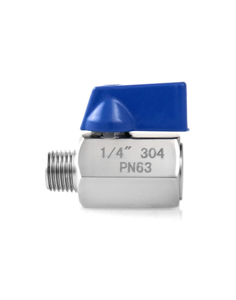 Side view of QWORK mini ball valve with blue lever, 1/4 in NPT, 304 stainless steel