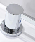 Close-up of a Chrome Finish Widespread Bathroom Sink Faucet With 8 Inch Spread For 3 Hole Vanities, showing modern handle design.
