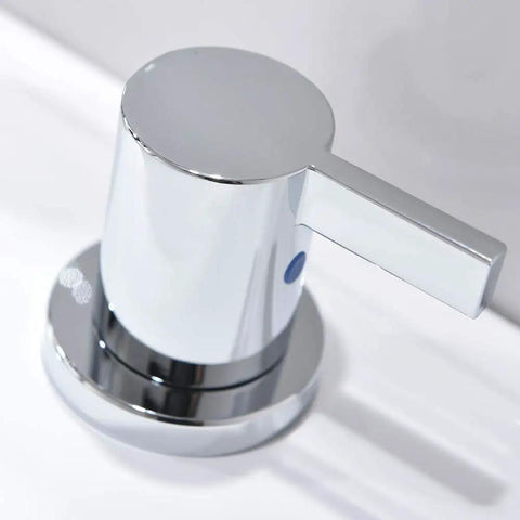 Close-up of a Chrome Finish Widespread Bathroom Sink Faucet With 8 Inch Spread For 3 Hole Vanities, showing modern handle design.