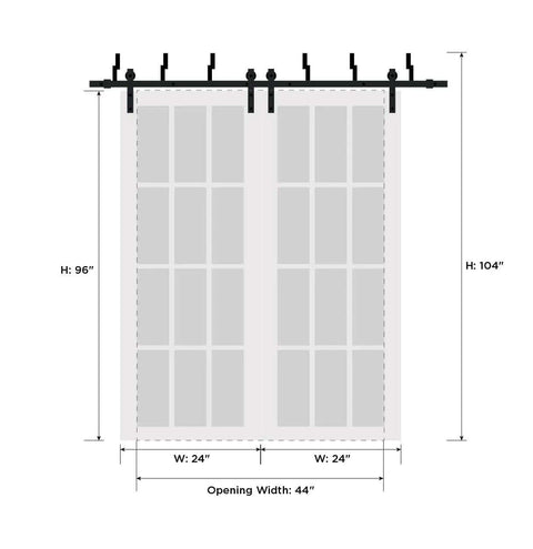 Diagram of Boss Interior Barn Door Set Bypass Sliding Doors With Frosted Glass And Solid Wood Panels 48 X 96 Inches, black finish