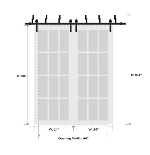 Diagram of Lucia 1299 Interior Barn Bypass Sliding Doors With Mirror, Solid Wood, 48x96 Inches, showing dimensions and rail system.