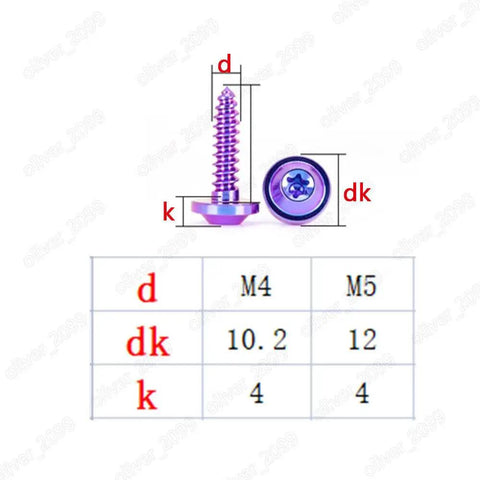 Straight Up Gr5 Titanium Self Tapping Screws With Torx Socket Flying Saucer Head And Vivid Pvd Purple Finish dimensions and specifications chart.