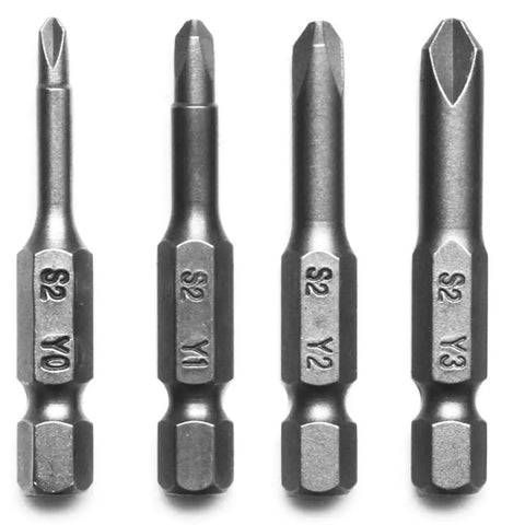 Hella Sturdy Heavy Duty Tri Wing Y Shaped Screwdriver Drill Bits Set Quarter Inch Hex Shank Magnetic S2 Steel Y0 Y1 Y2 Y3 tips.
