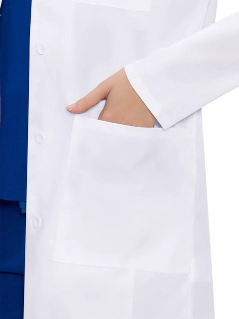 Close-up of a women's white lab coat pocket, part of Womens Lab Coat With Three Pockets Medical Lab Coat For Science Chemistry And College White Medium All Day Comfort Breathable 65 Polyester 35 Cotton Twill Quick Dry Low Wrinkle Easy Care Professional Fit.
