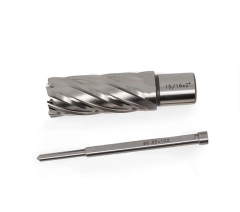Oscarbide annular cutter, 15/16 in diameter, 2 in depth, with 3/4 in Weldon shank and pilot-pin mag drill bit