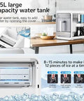 Compact Nugget Ice Maker Countertop Ice Machine With Self Cleaning Build And Smooth Pull Out Tray Yields Twelve Cubes Per Ten Minutes Rapid Chill Technology showing a 1.5L water tank.