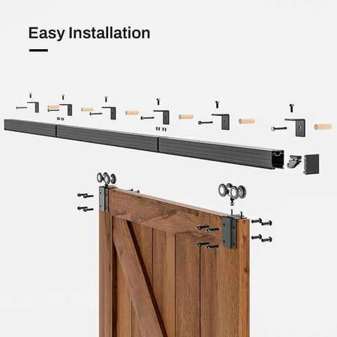 Rock Solid Heavy Duty Sliding Barn Door Track Box Rail Kit for Single Doors up to 330 Pounds 79.2 Inch aluminum components for easy installation.