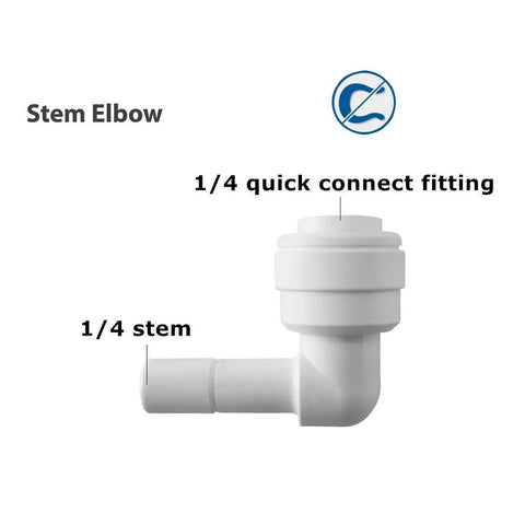 Plastic 90-degree stem elbow connector for 1/4 inch tubing; push-to-connect quick fitting, white, side view