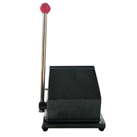 Manual PVC Card Cutter For CR80 Cards All Metal Desktop Die Cutter with steel blade and red handle side view