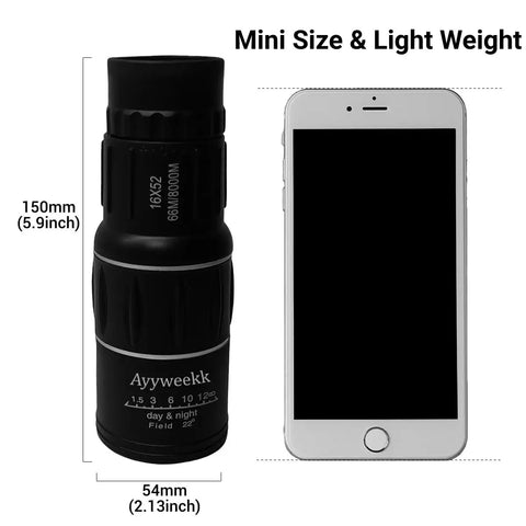 16X52 Monocular Telescope High Power HD With Dual Focus System Waterproof Spotting Scope next to smartphone for size comparison