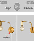 Edison Brass Wall Sconces Set Of Two Plug In Swing Arm Lights With On Off Switch, Cool Mid Century Modern Vibe, ETL Listed