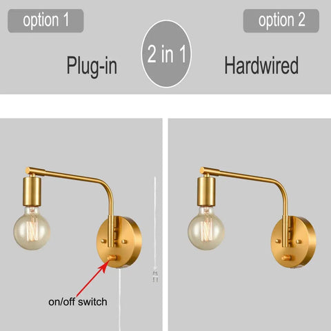 Edison Brass Wall Sconces Set Of Two Plug In Swing Arm Lights With On Off Switch, Cool Mid Century Modern Vibe, ETL Listed