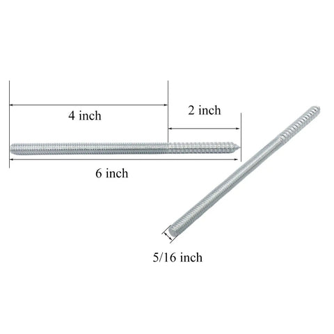 8 Pack 5/16-18 X 6 Inch Rock Solid Hanger Bolts heavy duty zinc coated with specified dimensions and threading details.