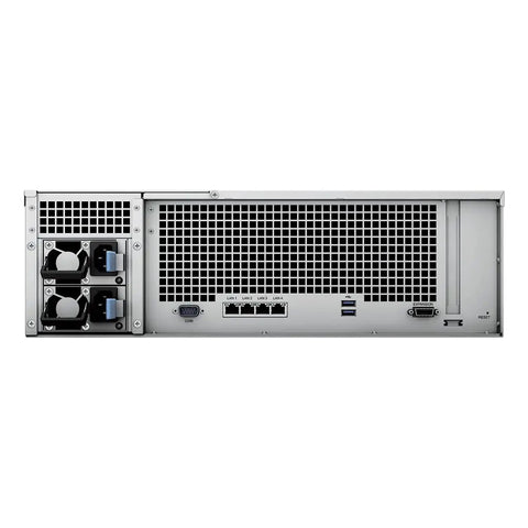 Back view of Killer Rack Mount Network Attached Storage Running On Ryzen Chips And 32 Gigs Of Ram Built To Handle Massive 320 Terabyte Archives With Zero Hassle Deployment, showcasing ports and power supplies.