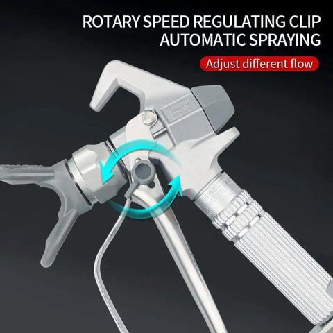 Close-up of Heavy Duty Airless Paint Spray Gun Packing 3600 Psi with rotary speed regulating clip for adjustable flow.