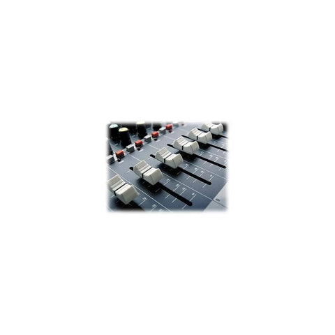 Close-up of sliders on EPM8 8 Channel Live Sound Mixer With Dual Aux Buses, XLR And 1/4 Inch Jack Sockets, RCA Stereo Playback And Recording I/O.
