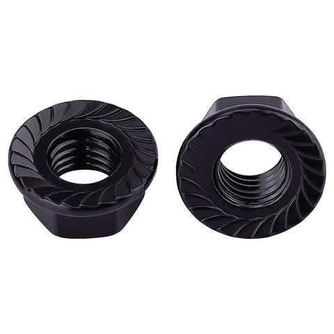 Heavy Duty M8 1.25 Hex Serrated Flange Nuts 304 Stainless Steel Black Oxide Finish Tough As Nails Grip For Automotive And Home Garage Diy Projects 20 Pack close-up view of serrated flange nuts