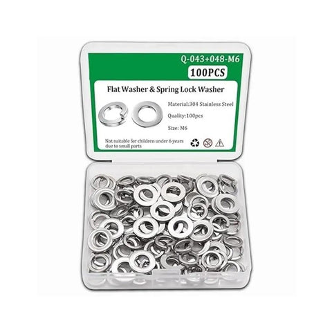 Flat Washer And Spring Lock Washer Kit M6 Size 100 Pcs Zinc Plated Carbon Steel Fasteners For Mechanical Assembly Anti Loosening And Secure Mounts Built To Last., open box with M6 washers