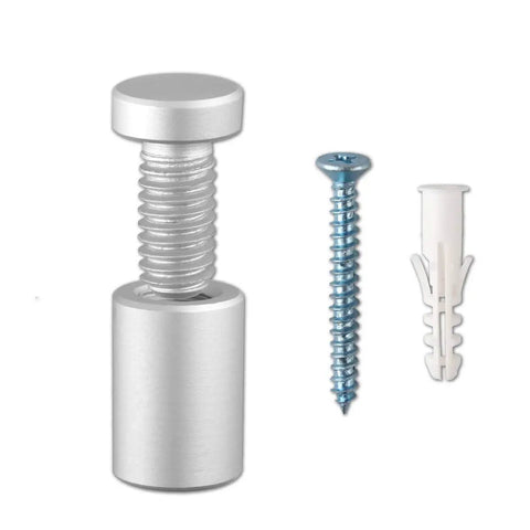 Pro Grade Sign Standoff Kit One Half Inch By Three Quarters Inch Solid Aluminum Mounting Hardware For Glass Panels And Acrylic Panels Pack Of Four For Quick Easy Install On Flat Displays And Signage, showing standoff, screw, and anchor