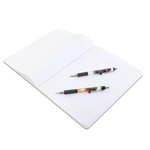 Galactic Rollerball Pen Set Pack Of 2 Featuring Darth Vader Han Solo And Chewbacca with clip on open notebook