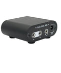 Two Channel 3.5mm Stereo Mini Headphone Mixer with Dual Inputs and 3.5mm Aux Output, aluminum chassis, rear view