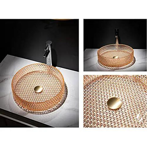 s Vessel Sink, Tempered Basin for Bathroom, Bar & Cloakroom, Countertop Wash Basin with Accessories in gold wire design.
