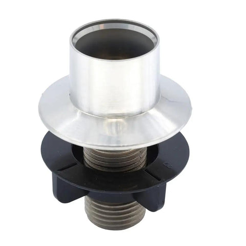 Heavy Duty Universal Faucet Hose Guide In Brushed Nickel, features a sturdy black mounting base and a smooth silver finish.