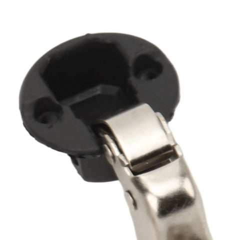 Close-up of Fifty Pack Half Inch Overlay Concealed Cabinet Hinges With Self Closing Soft Close Damper focusing on metal clip.